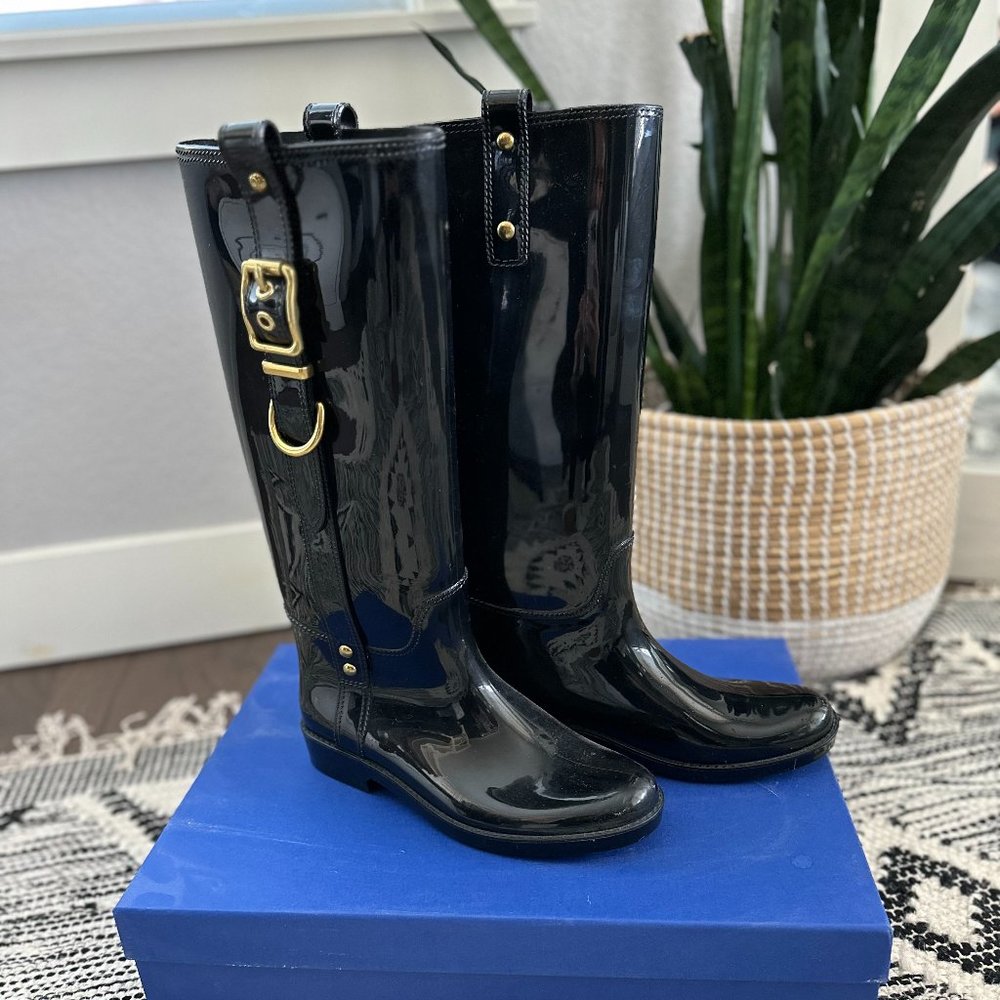 Coach Tasha Rain Boots Black Round Toe Riding Boots Gold Buckle Size 7